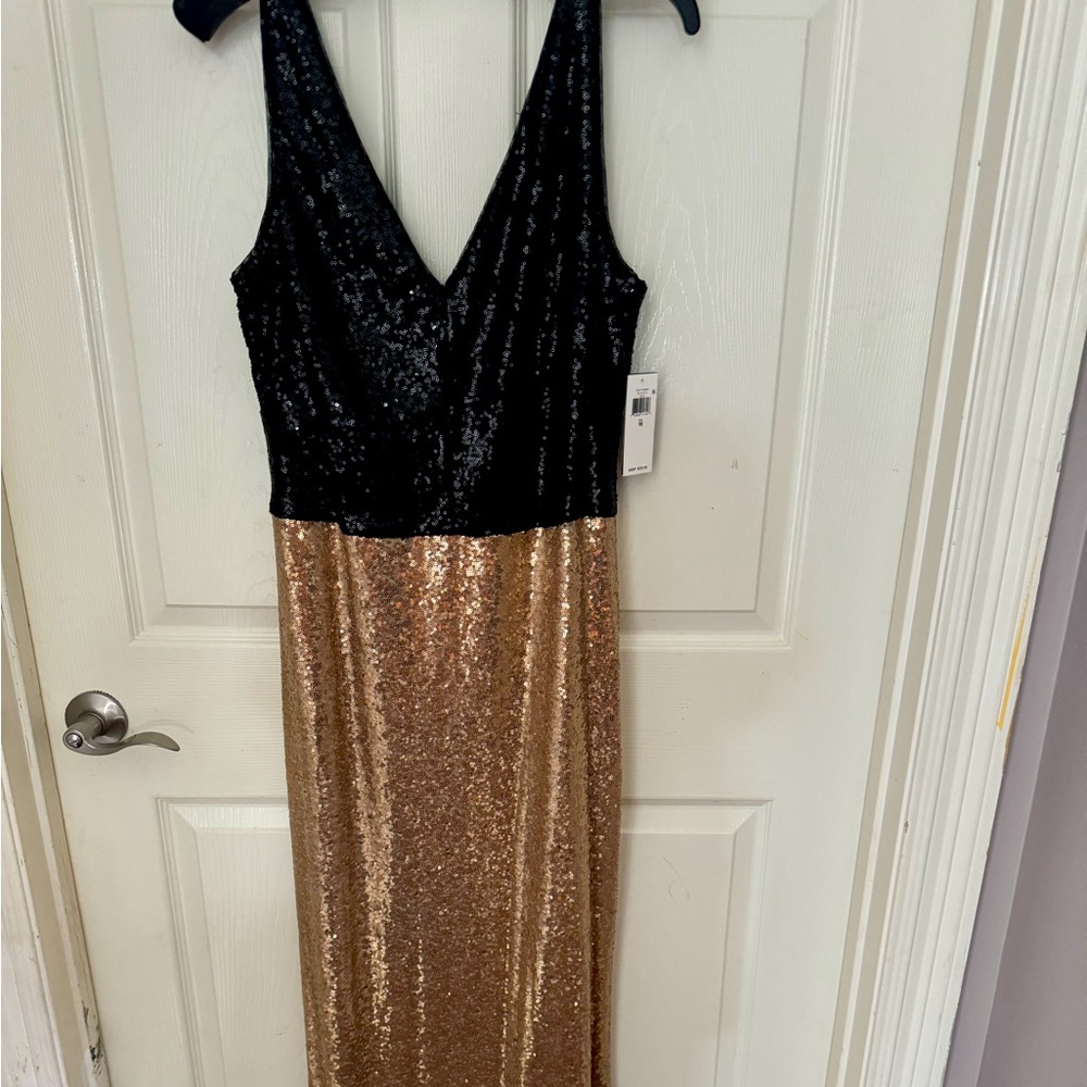 NWT Ralph Lauren Formal Sequin Gown Black Gold Color Block